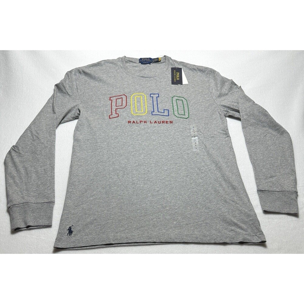 NWT Polo Ralph Lauren Men's Medium Multicolor POLO Logo Long Sleeve Grey Shirt